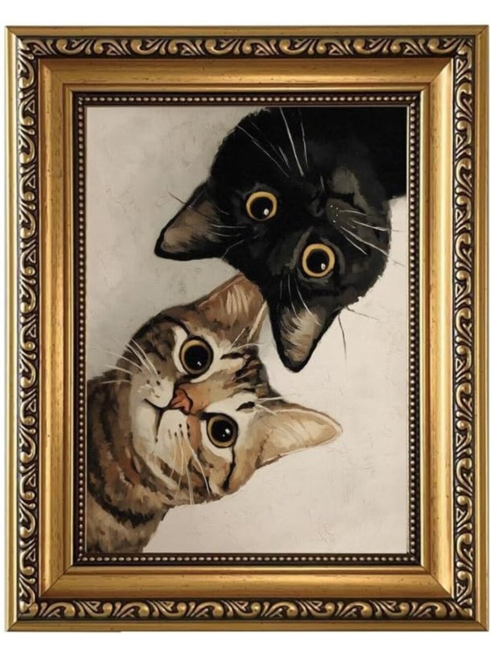 Whimsical Cat Canvas Wall Art - Vintage Gold Framed Cute Animal Print 12x16